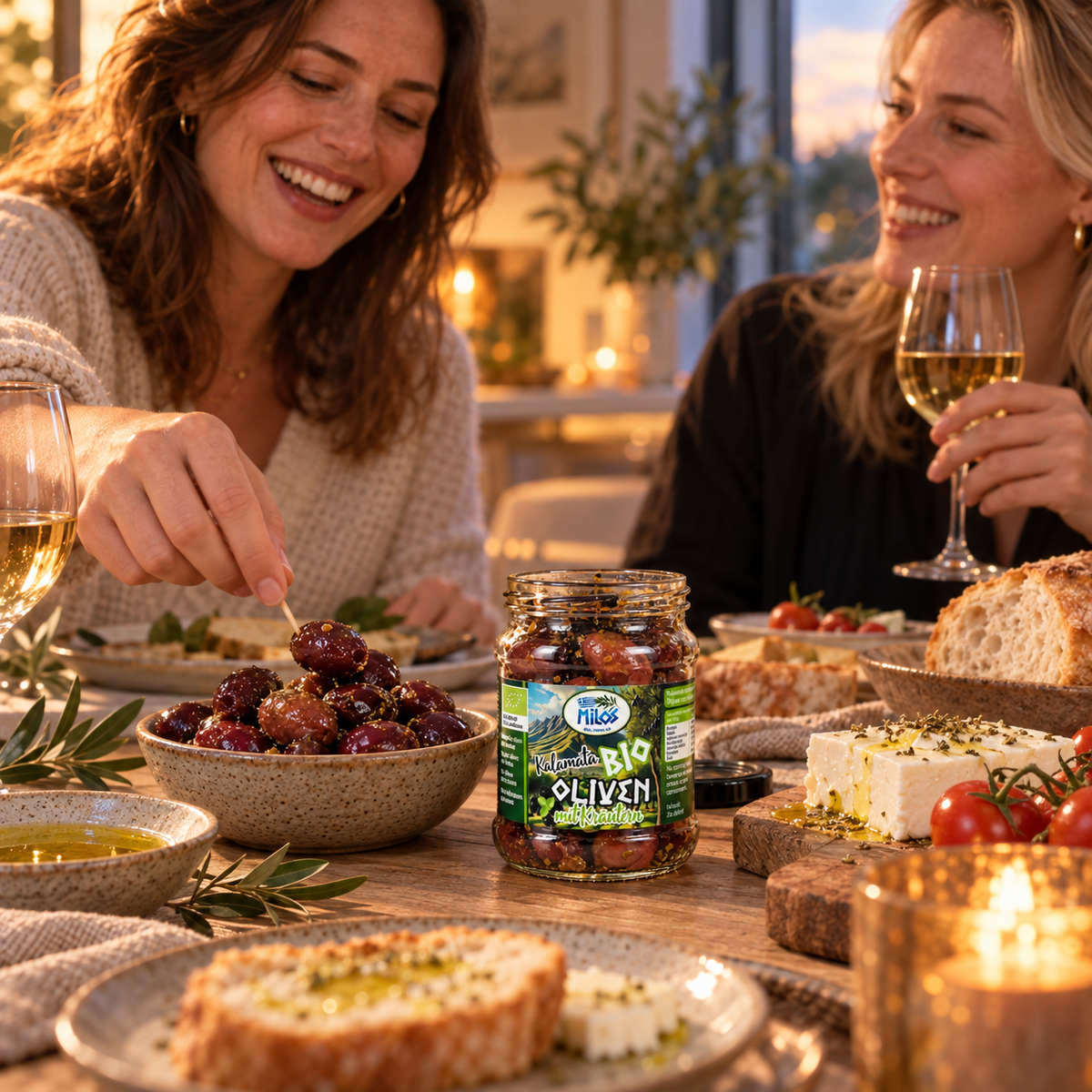 Milos Kalamata-olijven met kruiden, klaar om te serveren