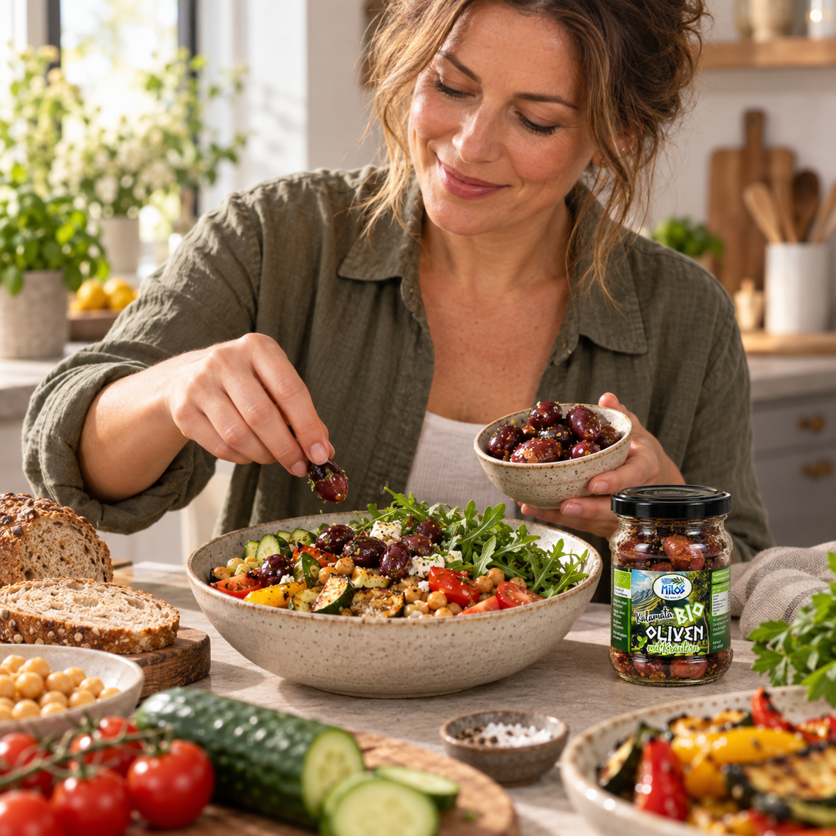 Kalamata-olijven geserveerd met brood