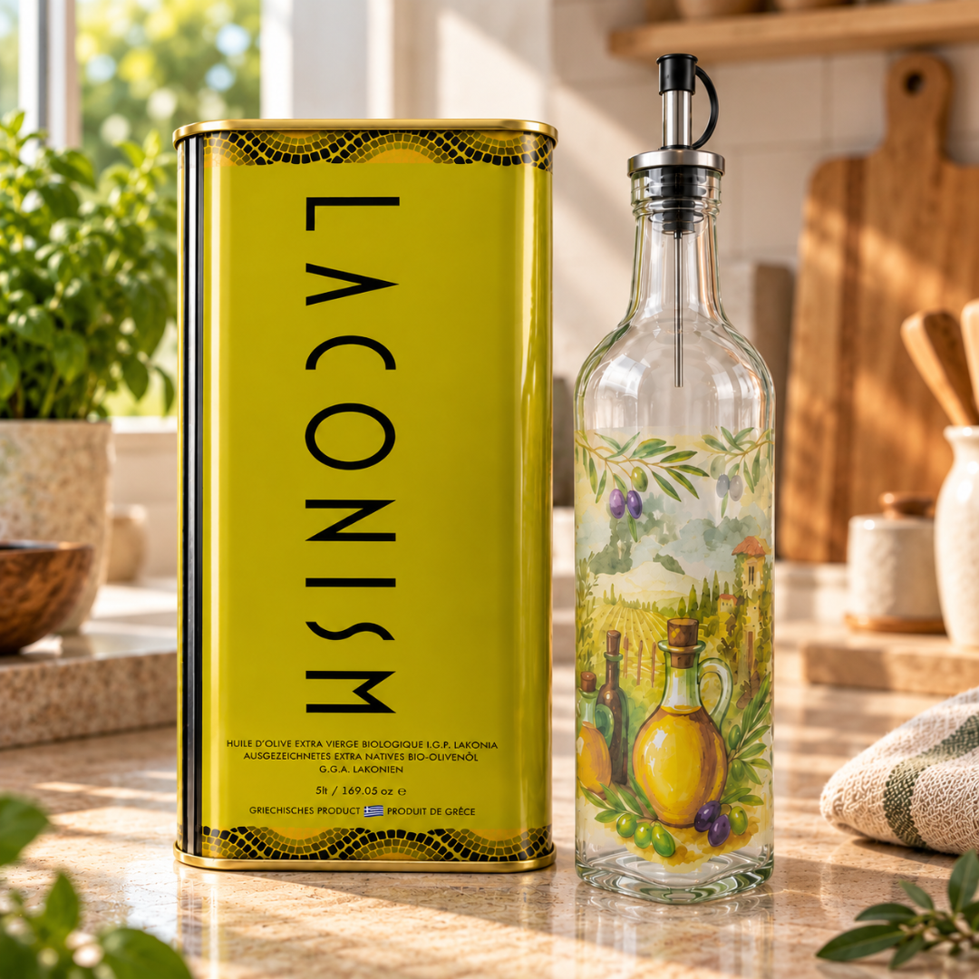 5 liter biologische laconism olijfolie met schenkfles