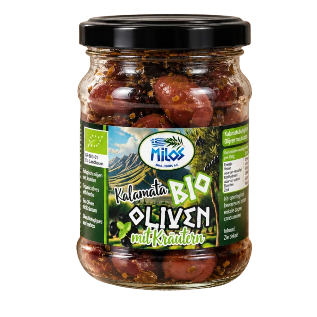Milos Kalamata-olijven met kruiden en biologisch keurmerk op de verpakking