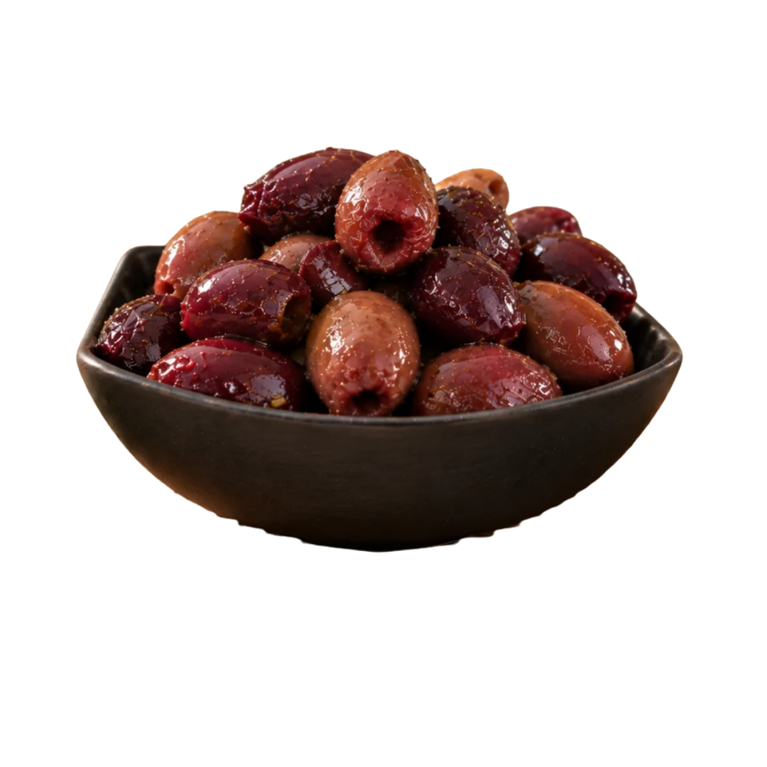 Milos biologische Kalamata-olijven met kruiden in een glazen pot