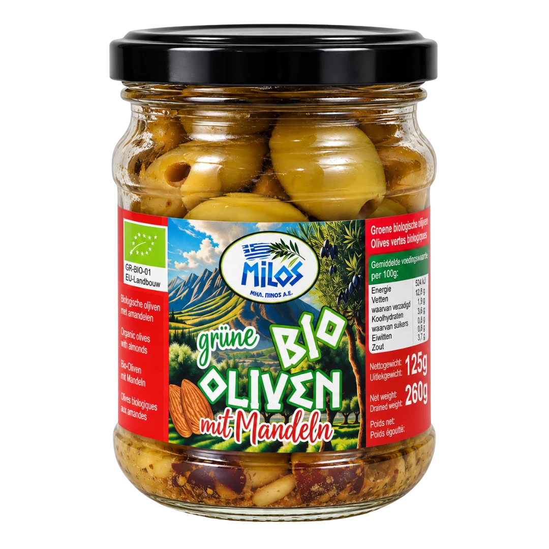 Milos biologische groene olijven met amandel