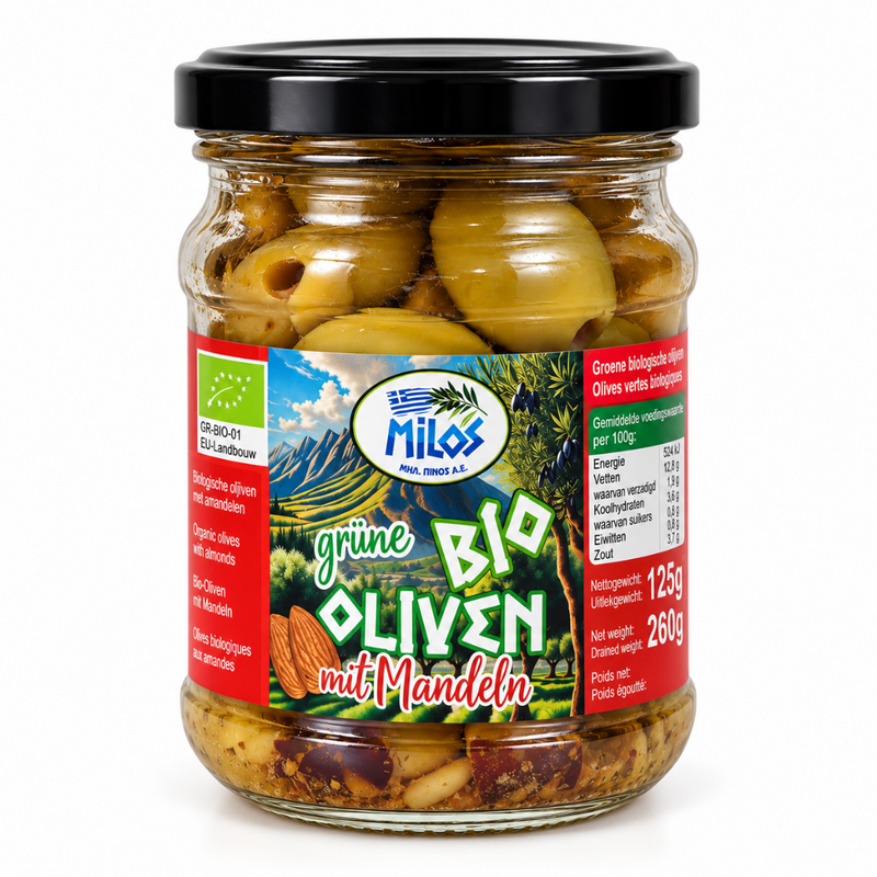 Milos biologische groene olijven met amandel